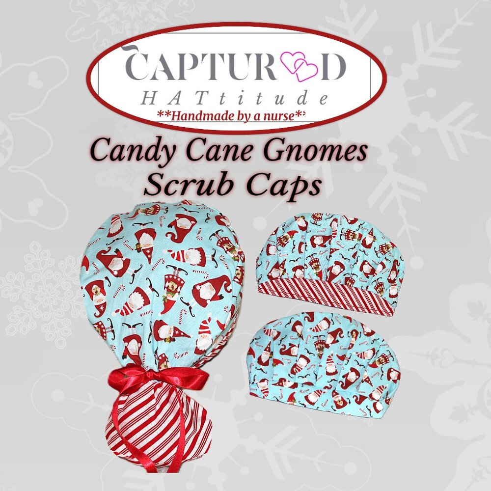 Womens Ponytail Scrub Cap Christmas Candy Cane Gnomes *Handmade